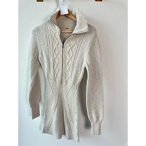 Free People Mont Blanc Beige Long Sleeve Mini Sweater Dress Size M - Picture 2 of 7